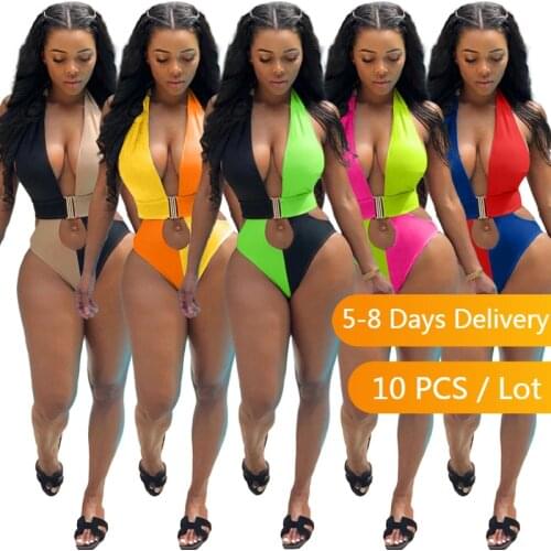 Bulk Items Wholesale Lots Cut Out Sexy Jumpsuit Women Swimwear Color Patchwork Bodycon Jumpsuit Summer Beach Bandage Playsuit
