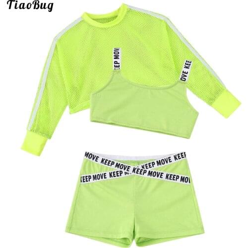TiaoBug Summer 3Pcs Kids Girls Swimming Suit Straps Crop Vest With Hollow Out Breathable Net Cover Up Tops And Shorts Set