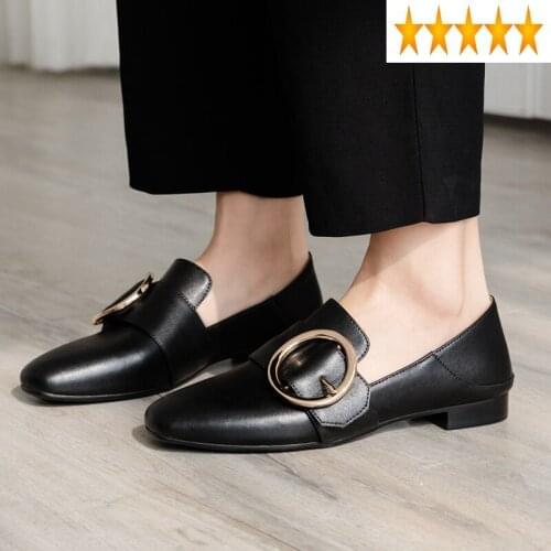 Loafers Real High Quality Women Spring New England Style Cow Leather Elegant Office Lady Square Buckle Flat Shoes