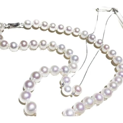MADALENA SARARA 8-9mm AA Freshwater Pearl Necklace Near Round Pearl Beaded Strand Necklace +Pearl S925 Chain Necklace set -C