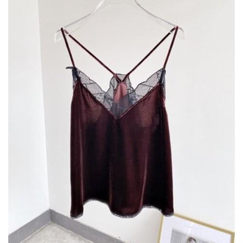 Fashion Viscose silk camisole V-neck lace Sling top elegant wine red women tops