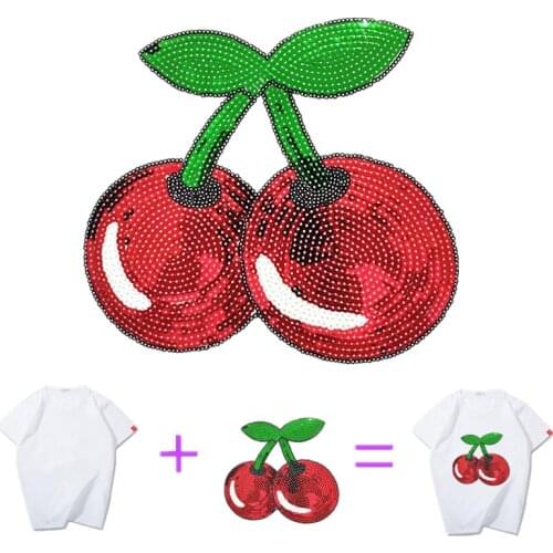 Iron On Patches For Clothing 20cm Cherry Red Sequined Sequins T-shirt Womens Fashion Top Shirt Fruit Patch Clothes Stickers