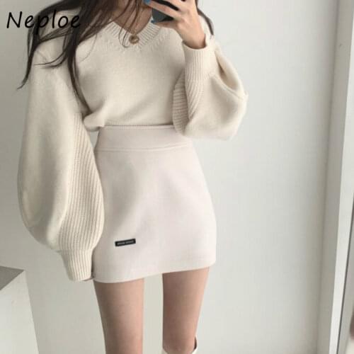 Neploe Chic Lace Up Irregular Lantern Sleeve Knitted Sweater Autumn Solid Color V-neck Pullover Women 2021 Fashion Femme Tops