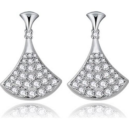 OL Style Micro Pave AAA Top Zircon Crystals Flabellum Pendant Charm Studs Earrings Silver Plated Fine Jewelry for Women