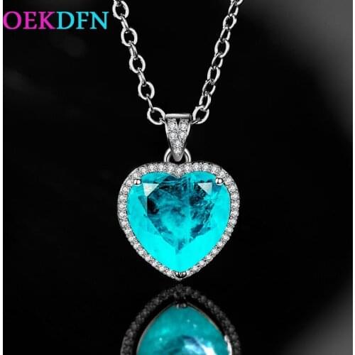 OEKDFN 100% 925 Sterling Silver Necklace Women Created Moissanite Paraiba Tourmaline Gemstone Diamonds Pendant Fine Jewelry