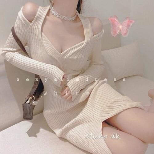 Autumn Winter Thick Slim V-neck Twist Split Solid Long Sleeve Halter Knitted Dress Wrap Hip Korean Fashion Wild Vestido Mujer