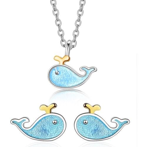 Cute Tiny Blue Dolphin Pendant Charm Chain Necklace Lovely Stud Earrings Fashion Party Jewelry Sets Gifts for Women Girls