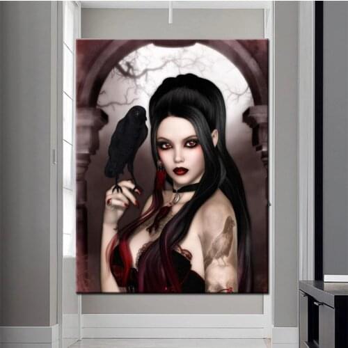 Full Square Diamond Painting Crow Woman Gothic Embroidery Diamond Cross Stitch Darkness with Lady Home Decoration Art