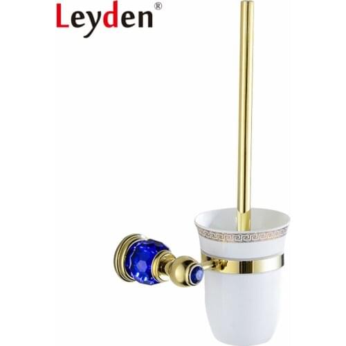 Leyden Gold Finish Luxury Blue Crystal Toilet Brush Holder Wall Mounted Decorative Toilet Brush Holder Bathroom Accessories