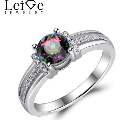 Leige Jewelry Mystic Topaz Ring Rainbow Gemstone Round Cut Sterling Silver 925 Fine Jewelry Wedding Engagement Rings for Women
