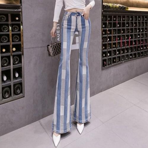 Women 2021 Spring Autumn Fashion Slim Patchwork Jeans Female New Stretch Denim Trousers Ladies High Waist Flare Pants P109