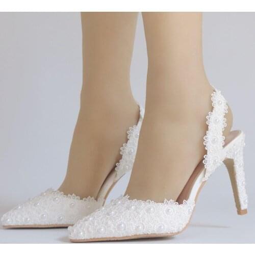 BaoYaFang White Flower New Arrive Women Pumps High Heels Elegant Heeled Sexy Pointed Toe Slingbacks Wedding Party Dress Shoes