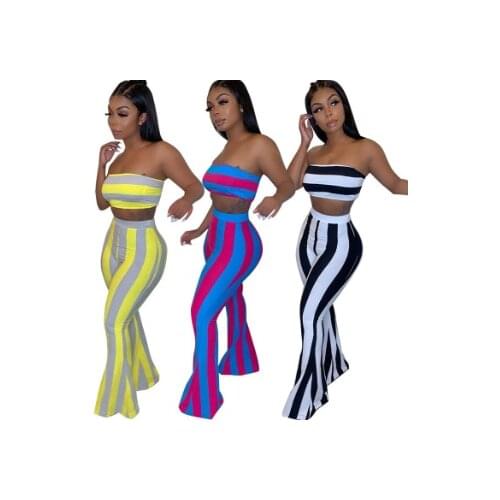2020 Women Striped 2 piece set Women Outfits Crop Top Pants two pieces sets Summer Clothes for Female Sexy womens suit