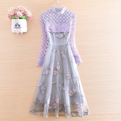 High-end O-neck Women Royal Embroidery Dragonfly Mesh Stitching Lace A-line Dress Retro Elegant Lady Slim Party Dress S-XXL