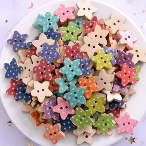 50Pcs Five-Pointed Star Shape Wooden Sewing Buttons Cute Mixed Color Dot Pattern Button For DIY Dolls Crafts Garment Accessories