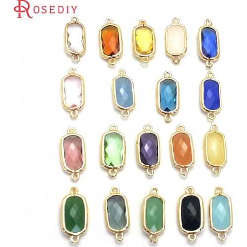 C594)10 pieces 18x8mm 24K Champagne Gold Color Brass and Glass 2 Holes Rectangle Connect Charms Pendants Findings Accessories