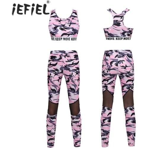 Kids Girls Tracksuit Outfit Camouflage Print Tanks Bra Tops Crop Top with Mesh Leggings for Gymnastics Dancewear Sports Workout