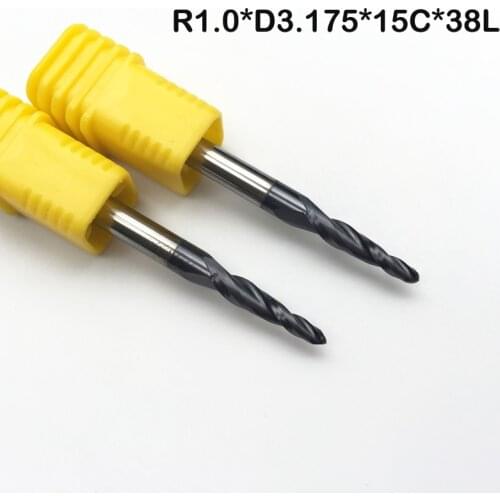 R1.0 x3.175 (1/8") shank 2 flutes Tungsten solid carbide Coated Tapered Ball Nose End Mills taper and cone endmills HRC55