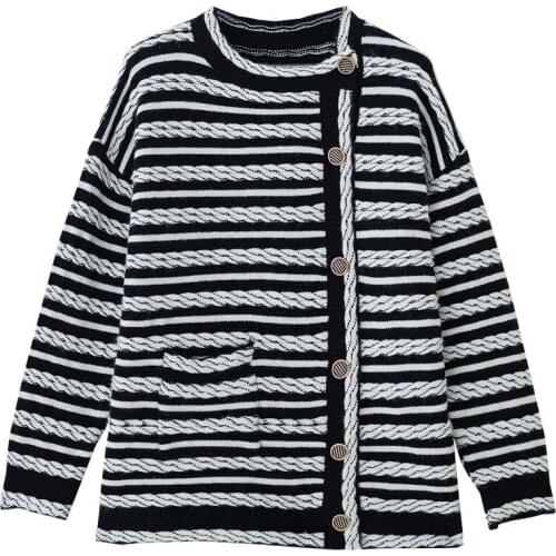 Fashion Black Striped Loose Sweater Jacket Female Cardigan Autumn and Winter 2021 New O-neck Thick Stretch Pullover Sweater Top