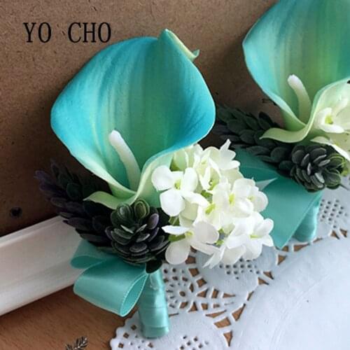 YO CHO Creative Tiffany Color Best Man Groom Boutonniere Satin Calla Men Wedding Party Prom Delicate Man Suit Corsage Pin Brooch