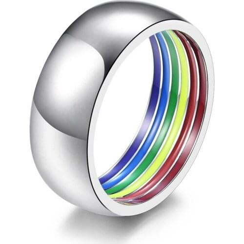 INSCHI 2021 New Arrival Geometric Colorful Rainbow Cute Ring Flag Unix Man Enamel Stainless Steel Ring For Gay BoyFriend Present