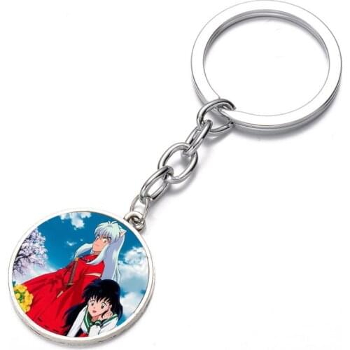 Japan anime Inuyasha Keychain Glass Dome Key Chain Bag Charm necklace Bronze Silver black Keyring Holder Kids boys girl Gift