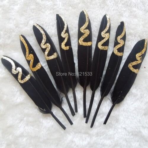 Feathers,перья,Gold Glitter Duck Cocottes Feather,Black Duck Feathers with Gold Glitter,Feathers for Crafts/10-15cm long,50pc