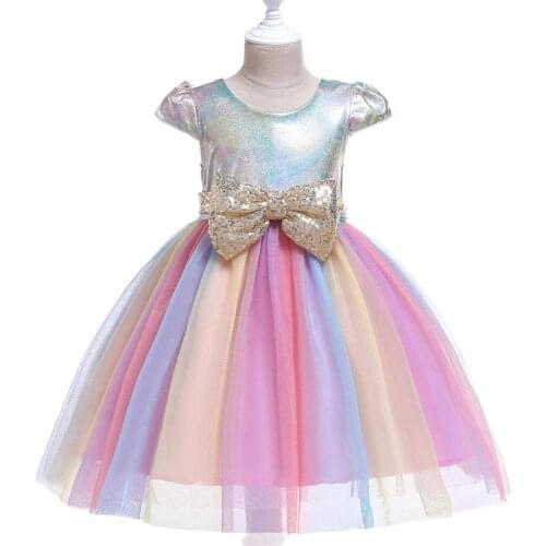 Sequin Girls Dress Ball Gown Colorful Party Wedding Evening Dress Girl Big Bow Princess Birthday Dress
