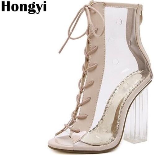 Hongyi transparent high heels women shoes summer pumps clear material shoes woman lace up open toe sandal boots high heels