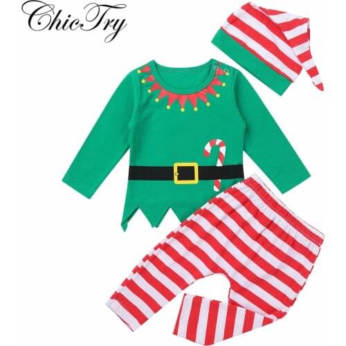 3PCS Newborn Infant Baby Boys Girls Christmas Outfits Long Sleeve Digital Printed Tops with Stripe Pants Hat Set for Carnival