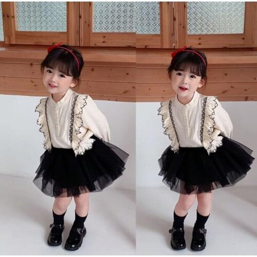 Embroidery Long Sleeve Shirt Princess Sweet Blouse Girls Spring Shirt and Tutu Skirt Children Clothting Set for Birthday Weeding