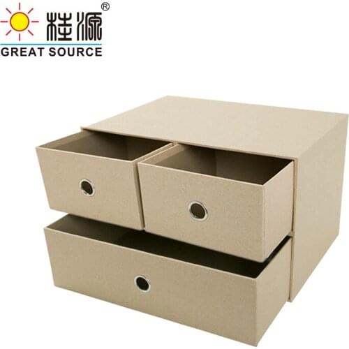 2 Layers Cabinet Cardboard Offic Desk Top Orgainzer Home Storage 3 Drawers CabinetBeige Faux Linen Natrual Wood Paper (2PCS)