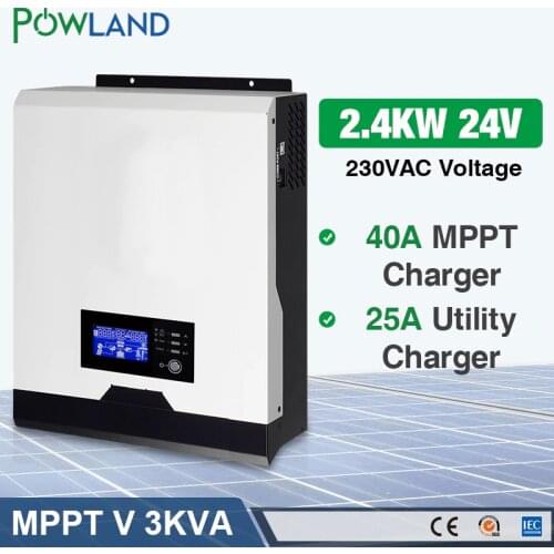 POWLAND 3kva Solar Inverter 2400W 220V 40A MPPT 3Kva Pure Sine Wave Inverter 50Hz Off Grid Inverter 24V Battery Charger inversor