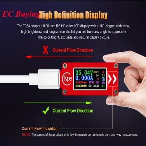 TC64 Type-C Color LCD Screen USB Voltmeter Ammeter Voltage Current Meter Multimeter Battery PD Fast Charge Power USB Tester