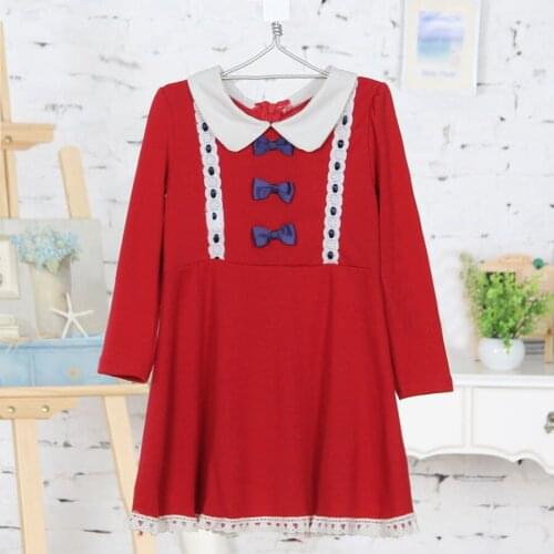 Spring Popular Design Preppy Style Bow Tie Little Girls Long Sleeve Worsted Dress 2944