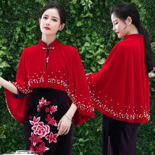 Women Autumn Vintage Velvet Shawl Wrap Stand Collar Imitation Pearl Beading Evening Cape Cover Up Wedding Bolero Shrug