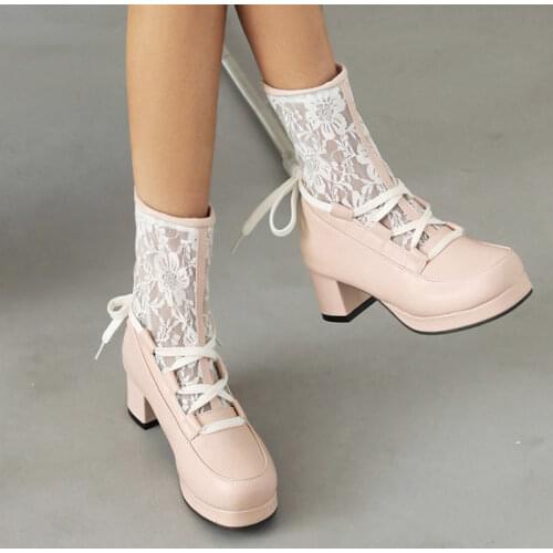 Lucyever 2021 Mesh Platform Ankle Boots Women Fashion Patchwork Cross Lace Up High Heels Woman Autumn Back Zipper Boots Mujer