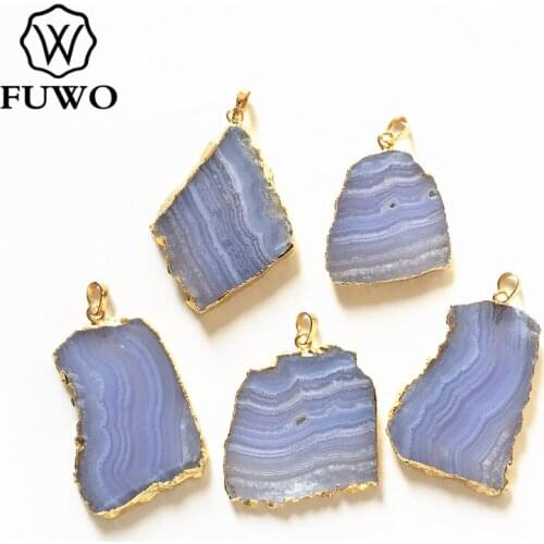FUWO Fashion Irregular Blue Lace Agates Pendant With Gold Trimmed Natural Stone Jewelry Findings Wholesale PD218
