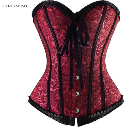 Charmian Womens Sexy Black Floral Lace Overbust Corset Burlesque Strapless Waist Cincher Espartilho Corsets and Bustiers