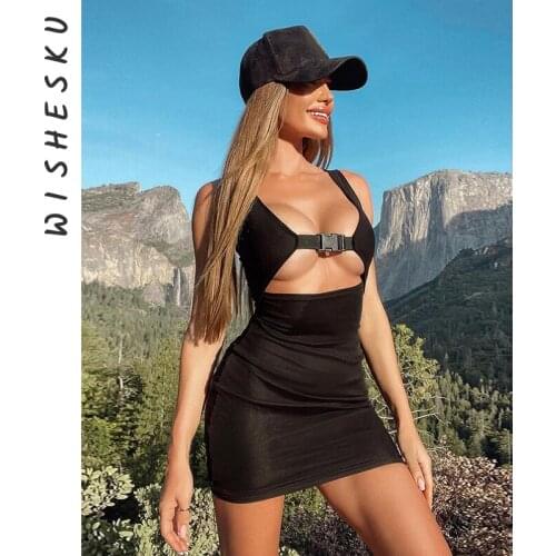 Casual Sexy Strap Hollow Out Buckle Up Slim Mini Dress Womens Summer Sleeveless Dresses 2021 Korean Fashion Bodycon Robe