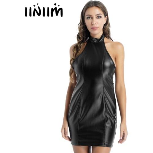 Womens Lingerie Bodycon Dresses PU Leather Halter Neck Lace-up Back Open Butt Erotic Dress Sleeveless Backless Clubwear Costume