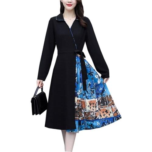 Spring 2021 Womens New Dress With Printed Stitching V-neck Lady Dress Plus Size Temperament Waist Pullover A-line Dress Female
