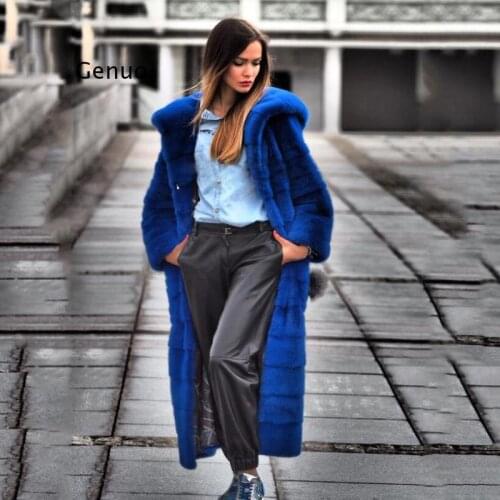 120cm Long Eco-friendly Mink Fur Coats With Big Hood Fashion Luxury New Royal Blue Long Sleeve Mink Fur Coat Woman Outwear