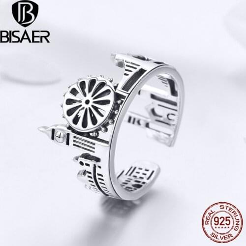 BISAER 925 Sterling Silver London City Rings for Women Adjustable Building Finger Ring Anel Sterling Silver Jewelry ECR474
