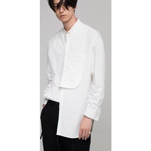 Badun Qishi Mens Shirt Long Sleeve Long Section Cotton Stitching Stand Collar Casual Regular Solid Single Breasted Shirts