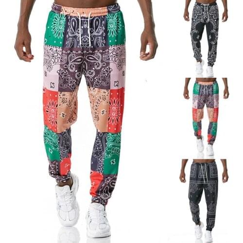 80% Hot Sale Fashion Men Pants Mid Rise Quick Drying Paisley Print Drawstring Ankle Tied Loose Trousers for Fitness