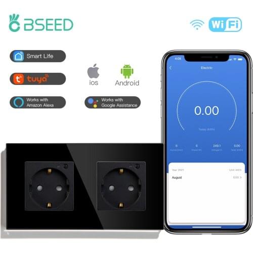 BSEED Single WIFI Power EU Sockets Double Smart Google Alexa Wall Sockets 16A Triple Glass Crystal App Sockets On/Off Switches
