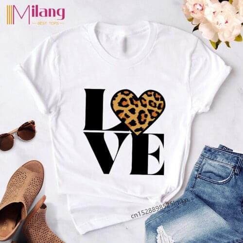 Leopard Letter Sweet Love Women Tshirt Graphic Short Sleeve Ladies Print Clothes Lady Tees Tops Female T Shirt Womens T-Shirt