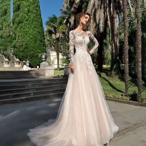 Scoop Neck Long Sleeves Bridal Dress Applique Lace with Crystals Lace Up/Zipper Champagne Wedding Dress