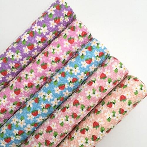 LEOsyntheticoDIY Strawberry Flowers Printed Chunky Glitter Vinyl Fabric Sheet Felt Backing Synthetic Leather Faux Vinil DIY R189